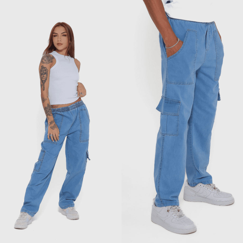 Calça Cargo Sarja Jeans - Unissex